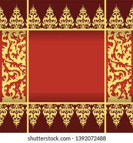 Red and gold color style of Thai art vector for Invitation template, background, frame border vintage in Square layout illustration