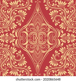 Red And Gold Colored Baroque Damask Ornament Background Seamless Pattern