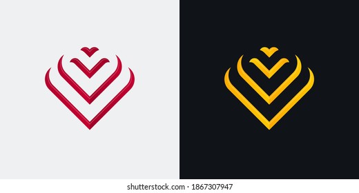 Rot-goldfarbene geschachtelte Herzformen mit negativem Raum auf schwarz-weißem Hintergrund. Valentinstag Kartendesign.