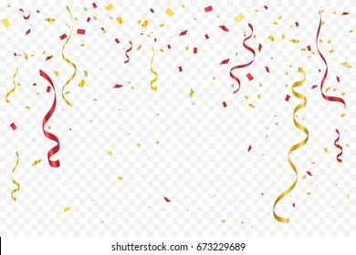 Red And Gold Confetti And Ribbon Falling On Transparent Background. Celebration & Birthday. Vector Illustration