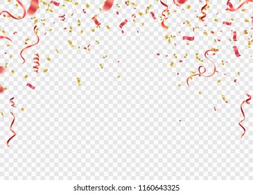 Red And Gold Confetti, Serpentine Or Ribbons Falling On White Transparent Background Vector Illustration. Party, Festival,