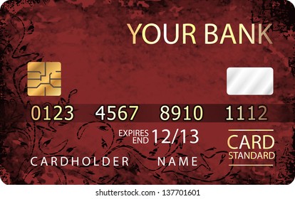 Red and gold credit card with abstract floral background. Vector Illustration.