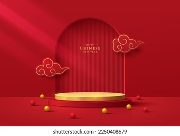 red and gold cylinder pedestal podium 3D background with arch door, Cloud chinese style. Chinese new year theme. Minimal wall scene mockup product showcase, Promotion display. Abstract geometric form.