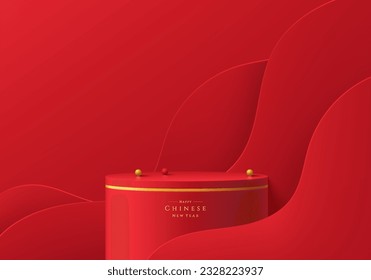 Red and gold cylinder pedestal podium 3D background with curve wave layers. Chinese new year theme. Wall minimal scene mockup product stage showcase, Banner romotion display. Abstract geometric forms.