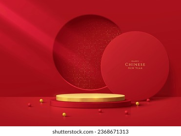 Fondo 3D del podio peatonal del cilindro de oro rojo, con brillo en la ventana circular. Tema del año nuevo chino. Presentación mínima del producto de maquillaje, escaparate de escenario. Diseño geométrico vectorial de plataformas.