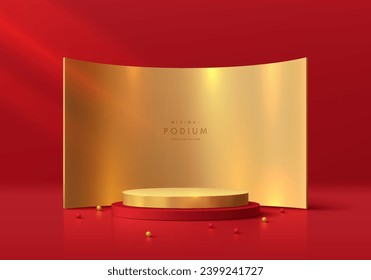 Red, gold cylinder podium 3D background with golden wall backdrop. Christmas or Chinese new year theme. Minimal mockup product display presentation, Stage showcase. Platforms vector geometric design.