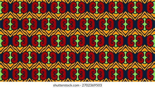 Red and gold ethnic-inspired seamless pattern with bold heart-like shapes arranged symmetrically.