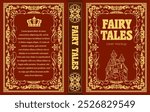 Red and gold fairy tales book cover design featuring a golden ornate frame and a castle