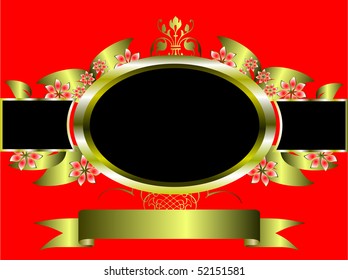 A red and gold floral  design with a gold frame filled with black and room for text on a red background