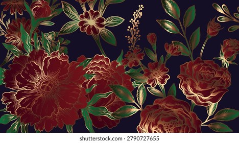 Red and gold floral pattern in decorative style on a dark background, symbolizing elegance, luxury, and nature themed beauty for design concepts. Vector illustration
