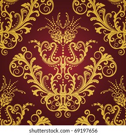Red And Gold Floral Vintage Seamless Wallpaper. This Image Is A Vector Illustration.