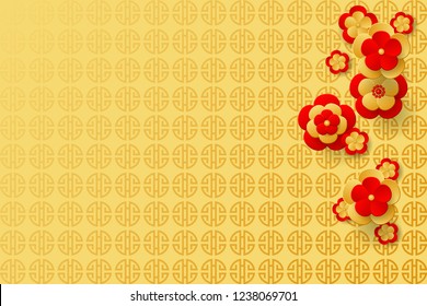 Red and Gold Flowers on the golden background and place for text. Design for Chinese New Year. Vector illustration EPS10