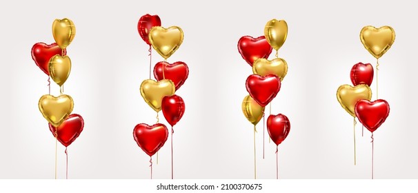 Globos de lámina de oro y rojo. Conjunto de composiciones de globos de aire con forma de corazón vectorial. Elementos decorativos de San Valentín o fiesta de cumpleaños.