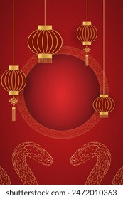 Red gold frame and lantern and snake and pattern on background Chinese New Year 2025 template, greeting card, banner, poster