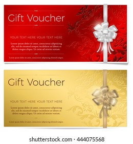 Red and gold gift voucher. Two gift vouchers with silver and gold bow. Vector illustration.