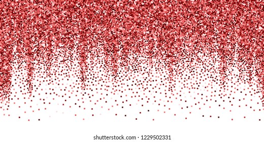 Red gold glitter luxury sparkling confetti. Scattered small gold particles on white background. Awesome festive overlay template. Mind-blowing vector illustration.