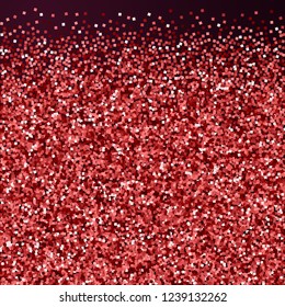 Red gold glitter luxury sparkling confetti. Scattered small gold particles on red maroon background. Amusing festive overlay template. Beautiful vector illustration.