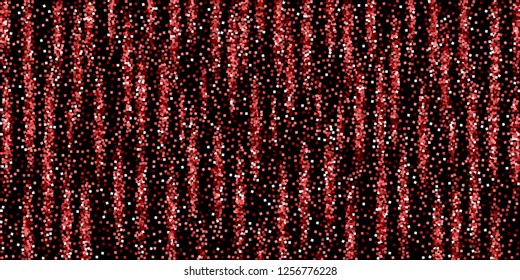 Red gold glitter luxury sparkling confetti. Scattered small gold particles on black background. Bizarre festive overlay template. Fancy vector illustration.