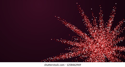 Red gold glitter luxury sparkling confetti. Scattered small gold particles on red maroon background. Attractive festive overlay template. Unique vector illustration.
