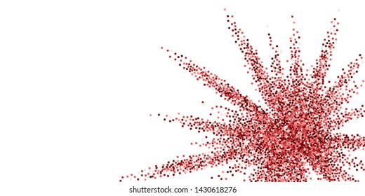 Red gold glitter luxury sparkling confetti. Scattered small gold particles on white background. Attractive festive overlay template. Valuable vector illustration.