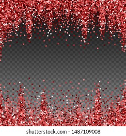 Red gold glitter luxury sparkling confetti. Scattered small gold particles on transparent background. Alive festive overlay template. Classy vector illustration.