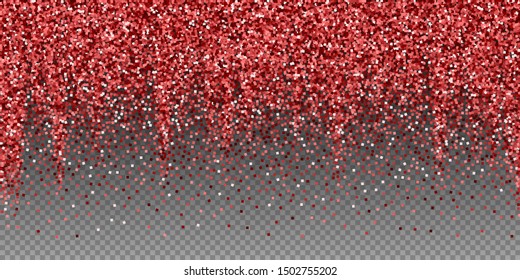 Red gold glitter luxury sparkling confetti. Scattered small gold particles on transparent background. Awesome festive overlay template. Mesmeric vector illustration.