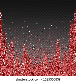 Red gold glitter luxury sparkling confetti. Scattered small gold particles on transparent background. Adorable festive overlay template. Exotic vector illustration.
