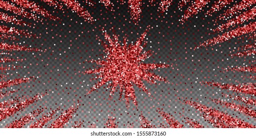 Red gold glitter luxury sparkling confetti. Scattered small gold particles on transparent background. Attractive festive overlay template. Bewitching vector illustration.
