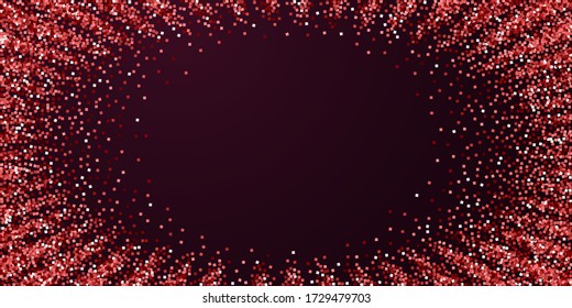 Red gold glitter luxury sparkling confetti. Scattered small gold particles on red maroon background. Extraordinary festive overlay template. Splendid vector illustration.
