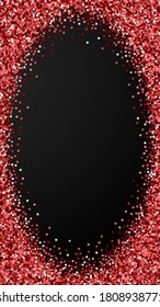 Red gold glitter luxury sparkling confetti. Scattered small gold particles on black background. Dramatic festive overlay template. Pretty vector background.