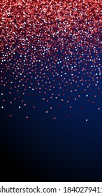 Red gold glitter luxury sparkling confetti. Scattered small gold particles on dark blue background. Excellent festive overlay template. Fine vector background.