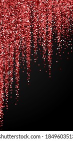 Red gold glitter luxury sparkling confetti. Scattered small gold particles on black background. Emotional festive overlay template. Magnificent vector background.
