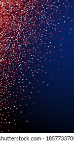 Red gold glitter luxury sparkling confetti. Scattered small gold particles on dark blue background. Ecstatic festive overlay template. Pleasing vector background.