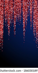 Red gold glitter luxury sparkling confetti. Scattered small gold particles on dark blue background. Enchanting festive overlay template. Fair vector background.