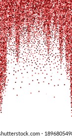 Red gold glitter luxury sparkling confetti. Scattered small gold particles on white background. Eminent festive overlay template. Shapely vector background.