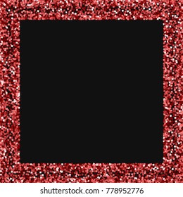 Red gold glitter. Square scattered border on black background. Terrific vector illustration.
