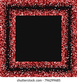 Red gold glitter. Square scattered frame on black background. Overwhelming vector illustration.