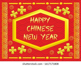 Red and Gold Happy Chinese New Year With Text. Chinese Traditional Background. Big Texts. Gold Flowers.