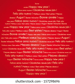 Red and gold Happy New Year in several languages. Vector word cloud greeting card.