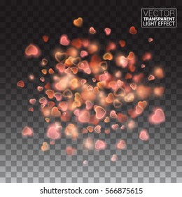 Red Gold Heart from Dust Firework Explosion Burst on Transparent Background. Abstract Holiday Light Rays. Bokeh and Sparkles. Vector Illustration for Happy Valentines Day
