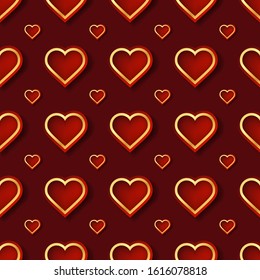 Red and gold Heart seamless pattern vector illustration with creative shape in geometric style. Love background design. Holiday illustration