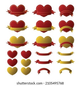 Red and Gold Hearts Banner Set. Valentine day Collection. Vector Illustration.