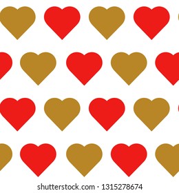 Red and gold hearts seamless pattern. Vector illustration on white background.