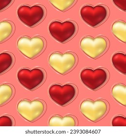 Patrón sin fisuras de corazones rojos y dorados. Corazones vectoriales vectoriales volumétricos con líneas abstractas sobre fondo rosado. Lo mejor para la web, la poligrafía, la impresión y la decoración del Día de San Valentín.
