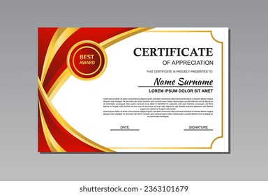 red and gold horizontal certificate template design in abstract style for appreciation.