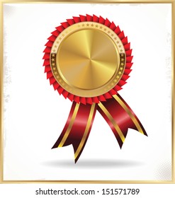 Red and gold label with ribbons