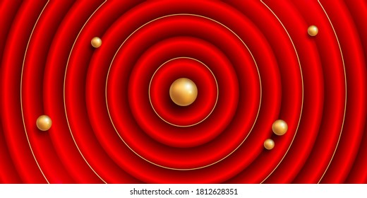 Red and gold layered background. Abstract background with golden balls. Vector illustration 3D. Circles pattern. Elegant texture. Modern decoration. Luxury design banner, cover, wallpaper.