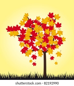 red and gold leaves, black tree and grass over orange background