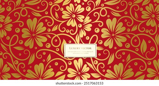 Red and gold leaves seamless pattern. Vintage vector ornament template. Paisley elements. Great for fabric, invitation, background, wallpaper, decoration, packaging or any desired idea.