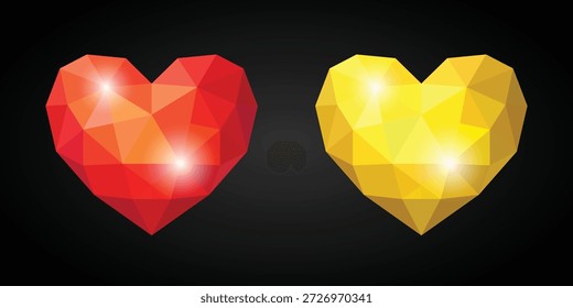 Iconos geométricos bajos del corazón del poli rojo y del oro en fondo negro